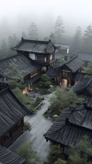 Misty Chinese courtyard with lantern lit corridors and tiled roofs on soft gray green background, ultra HD