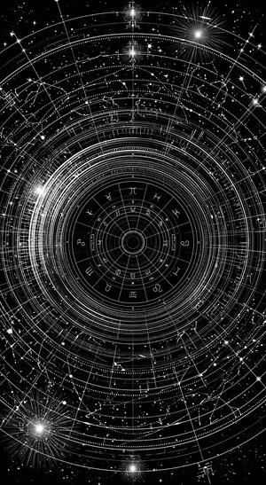 Geometric Zodiac chart centered on a black background in a monochrome aesthetic.