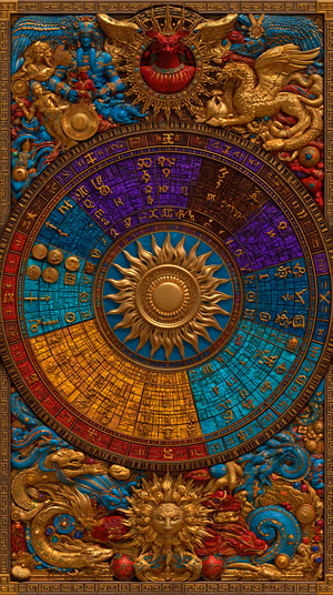 Ornate zodiac wheel centered on gold, teal and purple relief in a mythic baroque aesthetic ultra HD background