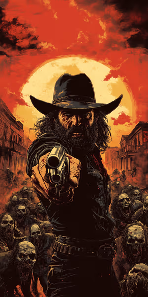 Illustration of a cowboy centered on a blood red background in a gritty Western aesthetic, ultra HD wallpaper.