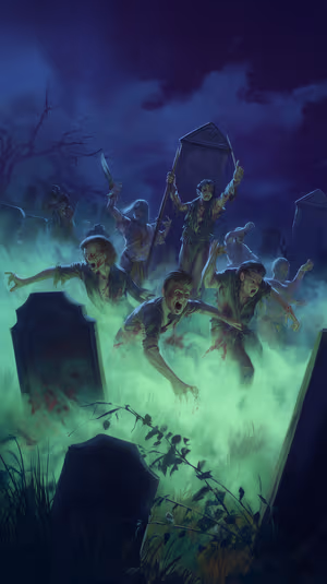Horror illustration of zombies rising in a foggy graveyard with glowing green mist, ultra HD iPhone background.