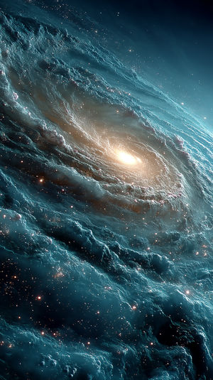 High-resolution 4K wallpaper of a swirling turquoise and dark galaxy nebula with luminous golden center and star field.