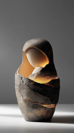 Minimalist abstract stone sculpture resembling a cracked eggshell with warm interior light glows, displayed on a neutral gray background.