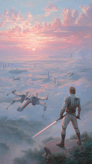 A sci-fi warrior on a rocky ledge holds a glowing red blade, watching starfighters emerge from pink sunrise clouds.