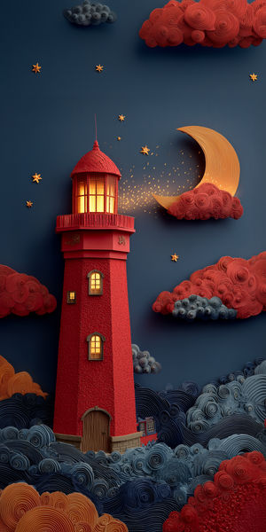 Red lighthouse glowing at night, with swirling clouds, textured waves, a golden crescent moon and stars.
