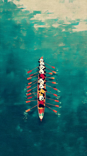 Overhead view of nine pandas in a colorful dragon boat rowing across a textured teal canvas background
