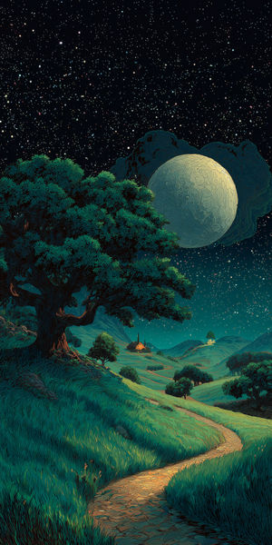 Illustrated moonlit hillside with winding stone path, large glowing moon, star-filled sky and oak trees.