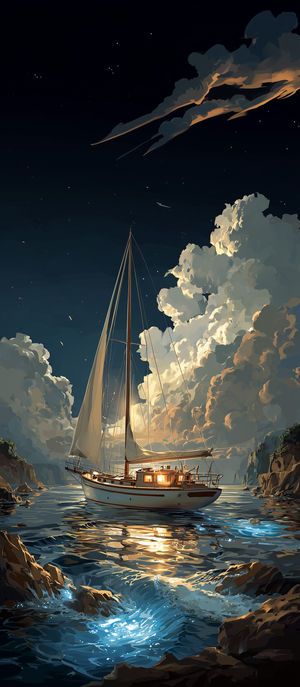 Sailboat on glowing bioluminescent water by rocky shores beneath a star-filled night sky and glowing clouds.