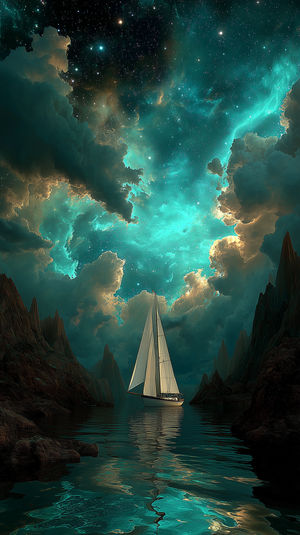 A lone sailboat sails across a cosmic lake under a vibrant teal nebula sky dotted with stars and craggy cliffs.