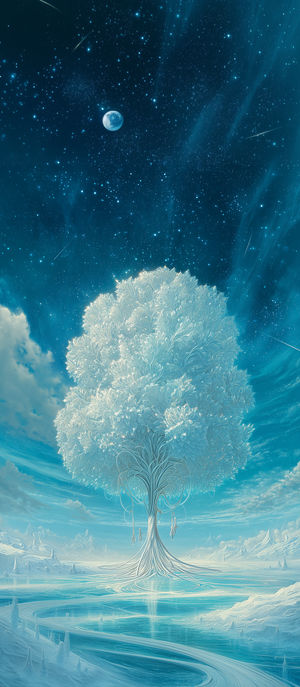 A surreal white and blue luminous tree grows from an icy reflective plain under a deep star-filled sky and moon.