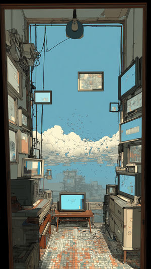 View through a room of vintage monitors and TVs to a bright blue sky with fluffy clouds and a distant city skyline.