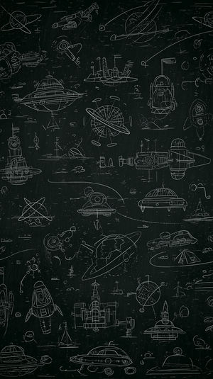 Chalkboard-style 4K wallpaper filled with white hand-drawn space sketches: UFOs, rockets, planets, and stations.