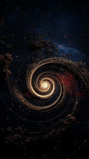 A golden spiral galaxy swirling with luminous star trails against a dark cosmic backdrop dotted with distant stars.