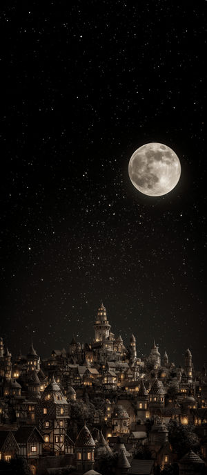 A detailed medieval fantasy city under a starry night sky, lit by glowing windows and a bright full moon.