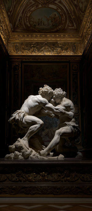 Intricate marble statue showing two male figures wrestling in a richly gilded classical interior with dramatic lighting.