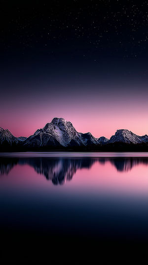 Snow-capped mountain range reflected in a calm lake at dusk with a pink-purple gradient sky and faint stars overhead.