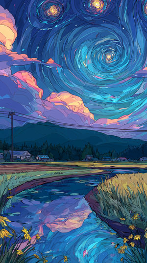 Swirling starry night sky with glowing vortex above peaceful countryside reflected in a calm stream amidst wheat fields.