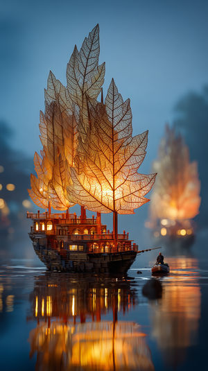 Glowing wooden ship with translucent leaf sails lit from within, reflected on calm water beside a small rowboat.