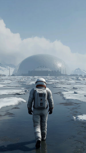 An astronaut in a white space suit walks across icy water towards a large domed facility on a frozen alien landscape.