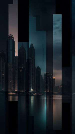 Digital art of a futuristic city skyline at night, with illuminated skyscrapers reflecting on calm water and glitch-style vertical bars.