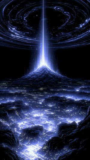 Radiant blue beam shooting from a mountain into a starry vortex above a glowing neon city grid at night.