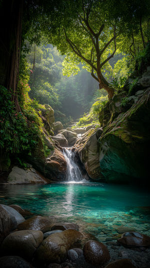 Sunlit forest waterfall flowing into a clear turquoise pool, surrounded by mossy rocks and green foliage.