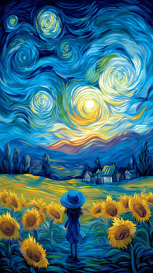 Person in blue hat stands in a sunflower field under a swirling starry sky with glowing moons, vivid blue and yellow brushstroke style.