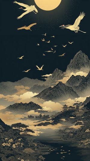 Gold-ink illustration of cranes flying by a full moon over misty mountains, pagodas, and a lake.
