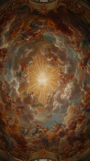 Interior view of a baroque dome fresco with angels and vibrant clouds surrounding a radiant golden sunburst.