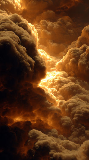 A dramatic 4K wallpaper of voluminous amber clouds illuminated from within, creating a glowing abstract sky scene.