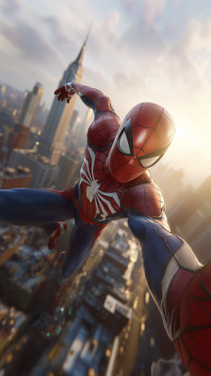 Spider-Man in red and blue suit swinging over sunlit skyscrapers in New York City