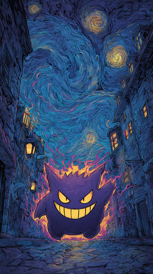 Stylized Gengar floating down a Van Gogh-style starry night street, glowing windows and neon purple flames.