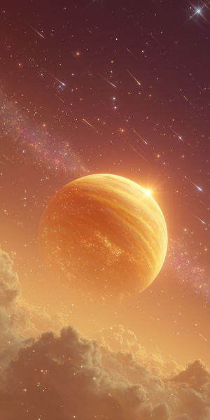 Golden planet rising above glowing clouds under a starry sky with meteor streaks and distant galaxy dust.