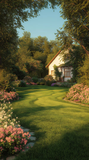 Cozy white cottage framed by flowering bushes, sunlit lush lawn pathway and tall green trees.