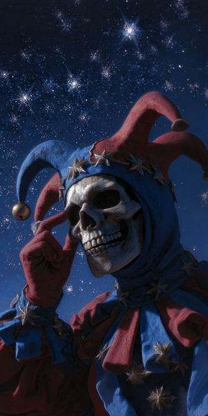 Skeletal jester in red and blue costume under a glittering starfield, painted oil texture, eerie whimsical mood.