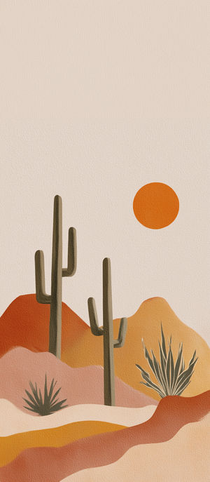 Minimalist desert landscape with stylized cacti, agave plants, layered sandy hills and a bold orange sun in the sky.