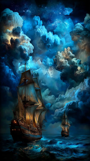 Two illuminated sailing ships on a turbulent blue ocean beneath swirling storm clouds and a sparkling starry night sky.