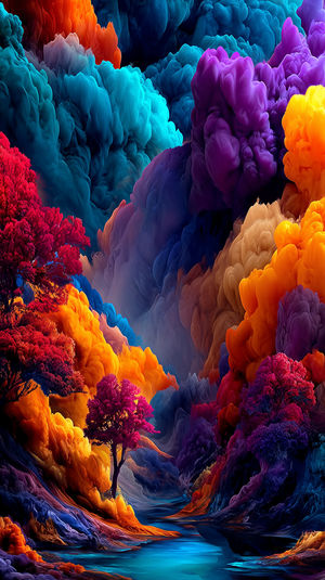 Surreal colorful landscape with magenta and orange trees along a blue stream amid swirling rainbow cloud formations