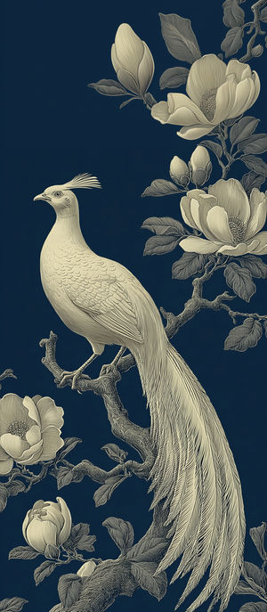 Detailed line art of a regal bird perched on blossoming magnolia branches against a dark navy background