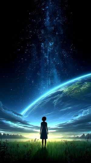 Silhouette of a person in tall grass at dusk gazing at the curved Earth's horizon beneath a star-filled sky