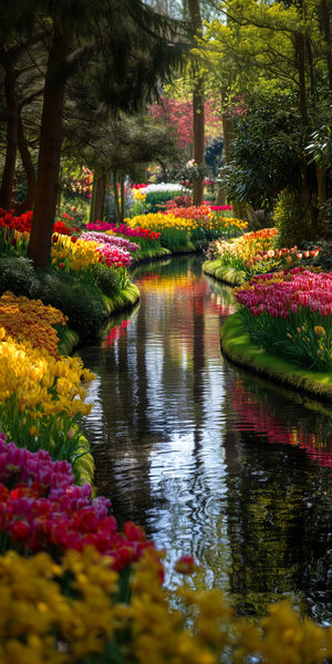 A winding stream bordered by vibrant multicolored tulip beds and tall trees in a serene spring garden landscape.