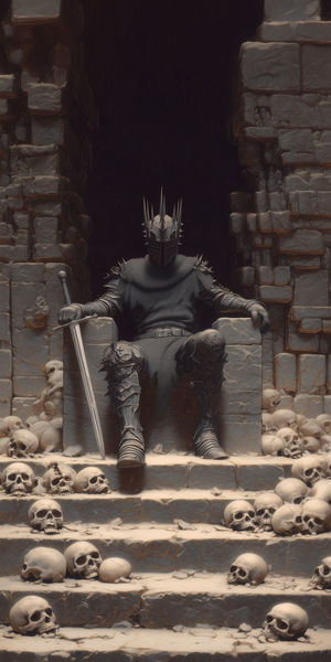 A dark armored king with a spiked crown sits on a stone throne surrounded by human skulls in a gothic crypt environment.