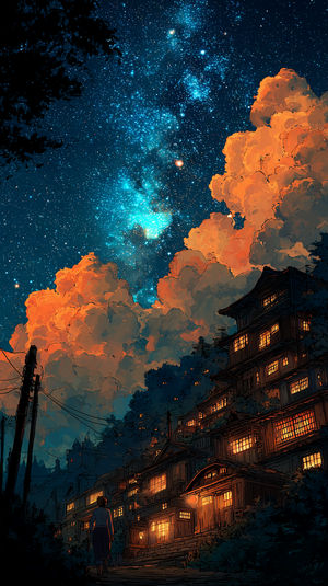 Starry Night Village - Download HD iPhone Lock Screen Wallpaper