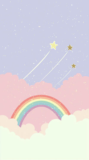 Pastel illustration of a rainbow arching over soft clouds beneath a lavender sky filled with three golden shooting stars