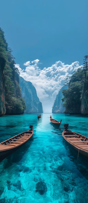 Wooden long-tail boats floating on crystal-clear turquoise lagoon surrounded by lush cliffs and cumulus clouds overhead.