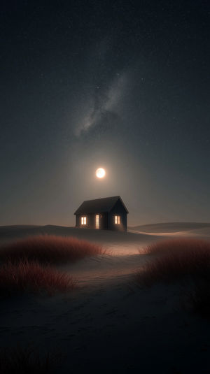 A lone wooden cabin on sandy dunes at night, illuminated by a full moon and starlit Milky Way with warm glowing windows.