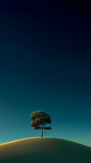 Single pine tree atop a gently rolling grassy hill, set against a minimalist gradient teal to deep navy sky background.