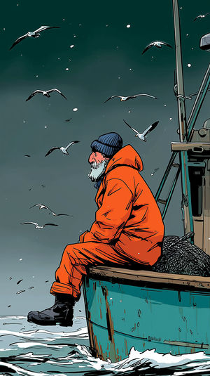 Stylized digital art of an old fisherman wearing an orange raincoat seated on a turquoise boat edge surrounded by flying seagulls over choppy gray waters