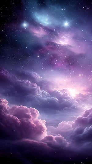 A panoramic view of violet and lavender clouds glowing beneath a star-filled cosmic sky with swirling nebula details.