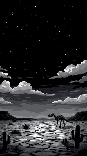 Black-and-white dinosaur skeleton walking across a cracked desert plain under a starry night sky with cacti.